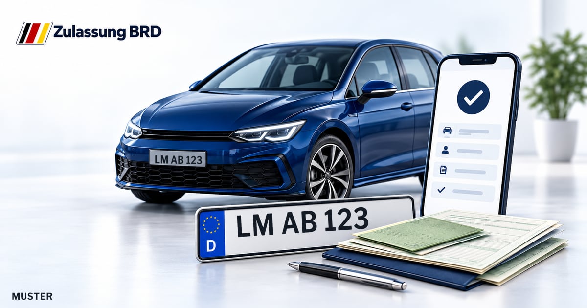Online Fahrzeugzulassung in Limburg: Musterkennzeichen LM AB 123, Auto und Fahrzeugpapiere und Smartphone. Illustration mit Logo von Zulassung BRD.